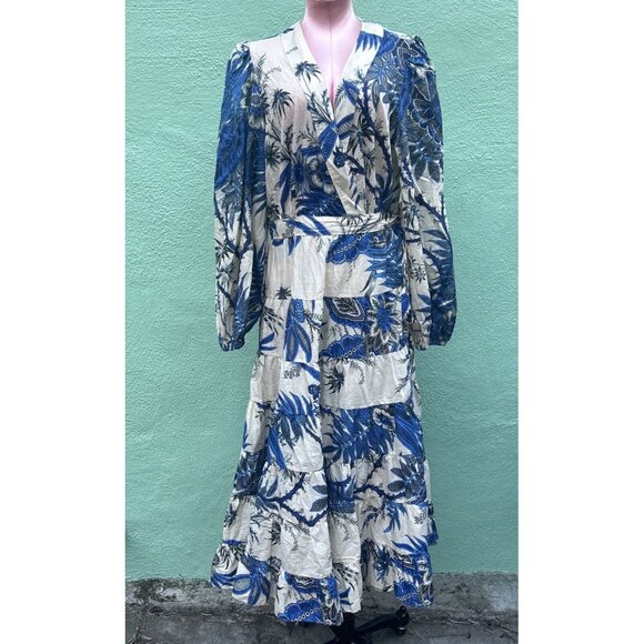 Banana Republic Stampa Dress Long Sleeve Maxi Floral Party Beach Blue White XL - Picture 2 of 10